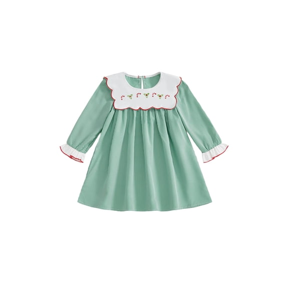 RUINIXCW Toddler Baby Girl Christmas Dress Outfit Kids Little Girl Fall Winter Plaid Gingham Dress Candy Cane Embroidery Doll Collar Long Sleeve Casual Dress