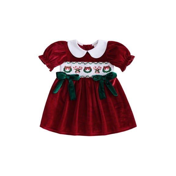 RUINIXCW Toddler Baby Girl Christmas Dress Short Sleeve Doll Collar Velvet Dress