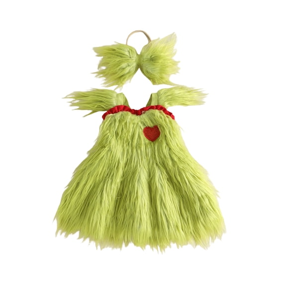 RUINIXCW Toddler Baby Girl Christmas Elf Costume Outfit Infant Girl Christmas Dress Heart Embroidery Green Furry Fly Sleeve Party Xmas Dress Headband