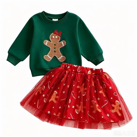RUINIXCW Toddler Baby Girl Christmas Outfit Infant Baby Girl Fall Winter ClothesCute Gingerbread Man Embroidery Long Sleeve Crew Neck Sweatshirt Tulle Tutu Skirt Set