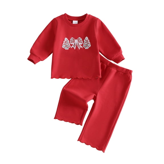 RUINIXCW Toddler Baby Girl Christmas Outfit Infant Baby Girls Fall Winter Clothes Bow Embroidery Red Long Sleeve Scallop Trim Sweatshirt and Pants Set