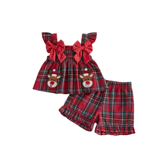 RUINIXCW Toddler Baby Girl Christmas Outfit Infant Baby Girls Xma Clothes Deer Santa Gingerbread Embroidery Fly Sleeve Plaid Smocked Tops Shorts Set