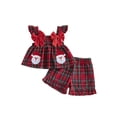 thumbnail image 1 of RUINIXCW Toddler Baby Girl Christmas Outfit Infant Baby Girls Xma Clothes Deer Santa Gingerbread Embroidery Fly Sleeve Plaid Smocked Tops Shorts Set, 1 of 9