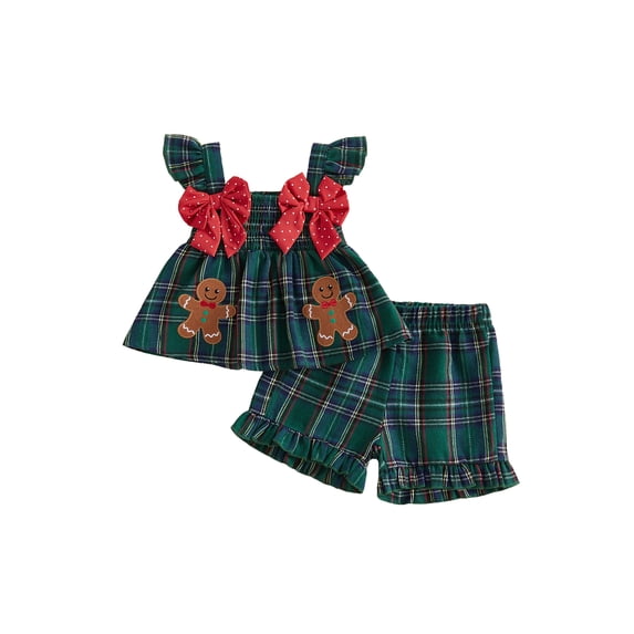 RUINIXCW Toddler Baby Girl Christmas Outfit Infant Baby Girls Xma Clothes Deer Santa Gingerbread Embroidery Fly Sleeve Plaid Smocked Tops Shorts Set