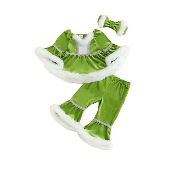 RUINIXCW Toddler Baby Girl Christmas Outfit Kids Santa Claus Costume Furry Plush Patchwork Velvet Top Bell Bottoms Flare Pants Set Fall Winter Clothes