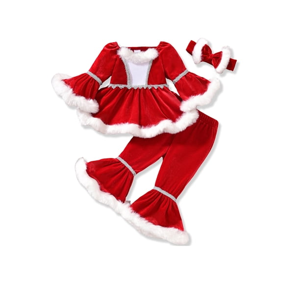 RUINIXCW Toddler Baby Girl Christmas Outfit Kids Santa Claus Costume Furry Plush Patchwork Velvet Top Bell Bottoms Flare Pants Set Fall Winter Clothes