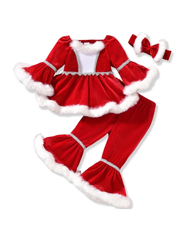 Toddler Baby Girl Christmas Outfit Kids Santa Claus Costume Furry Plush Patchwork Velvet Top Bell Bottoms Flare Pants Set Fall Winter Clothes