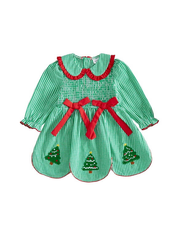 Toddler Baby Girl Christmas Outfit Plaid Gingham Smocked Dress Infant Girls Fall Winter Clothes Long Sleeve Doll Collar Embroidery Bow Dress