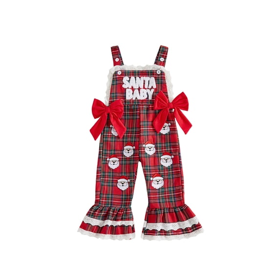 RUINIXCW Toddler Baby Girl Christmas Outfit Red Plaid Romper Overalls Santa Claus Candy Cane Embroidery Sleeveless Flared Jumpsuit Suspender Pants