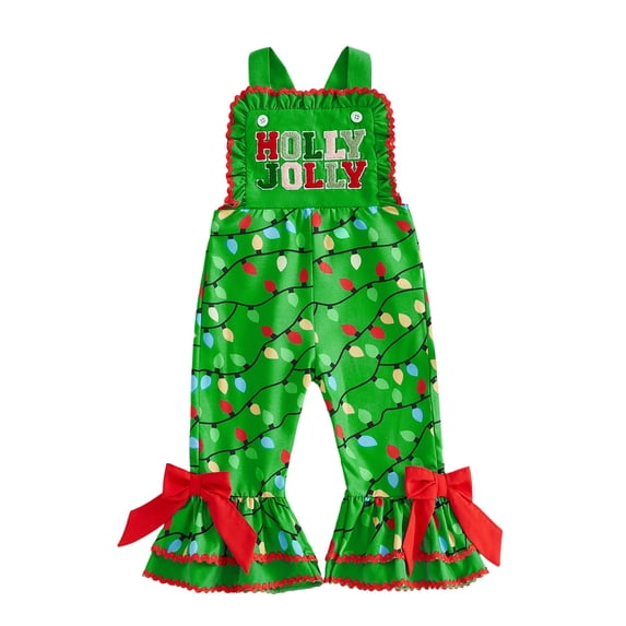 RUINIXCW Toddler Baby Girl Christmas Outfit Romper Overalls Kids Infant Girl Fall Winter Clothes String Lights Letter Flared Suspender Pants Jumpsuit