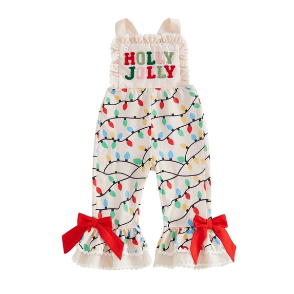 RUINIXCW Toddler Baby Girl Christmas Outfit Romper Overalls Kids Infant Girl Fall Winter Clothes String Lights Letter Flared Suspender Pants Jumpsuit