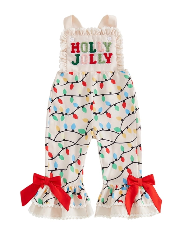 Toddler Baby Girl Christmas Outfit Romper Overalls Kids Infant Girl Fall Winter Clothes String Lights Letter Flared Suspender Pants Jumpsuit