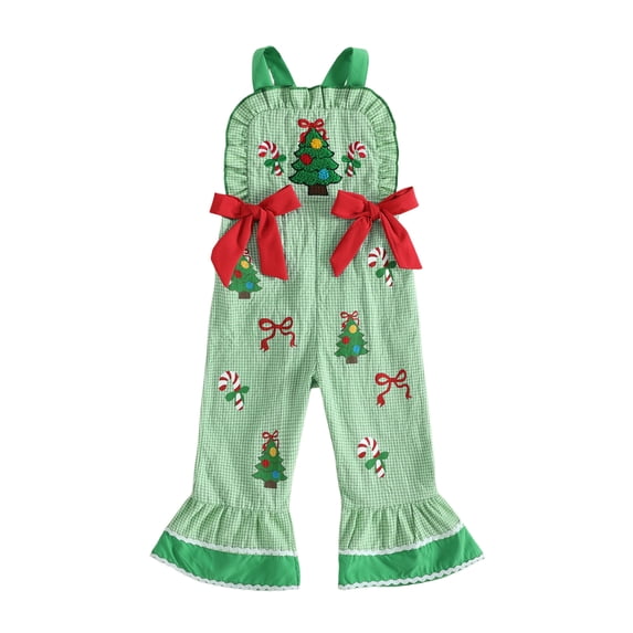 RUINIXCW Toddler Baby Girl Christmas Outfit Romper Overalls Kids Infant Girl Fall Winter Clothes Tree Candy Cane Flared Suspender Pants Jumpsuit