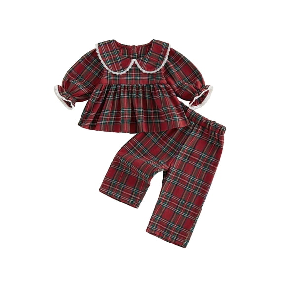 RUINIXCW Toddler Baby Girl Christmas Plaid Outfits Infant Baby Girls Fall Winter Clothes Casual Lace Trim Doll Collar Long Sleeve Babydoll Shirt Tops with Long Pants 2 Pcs Set