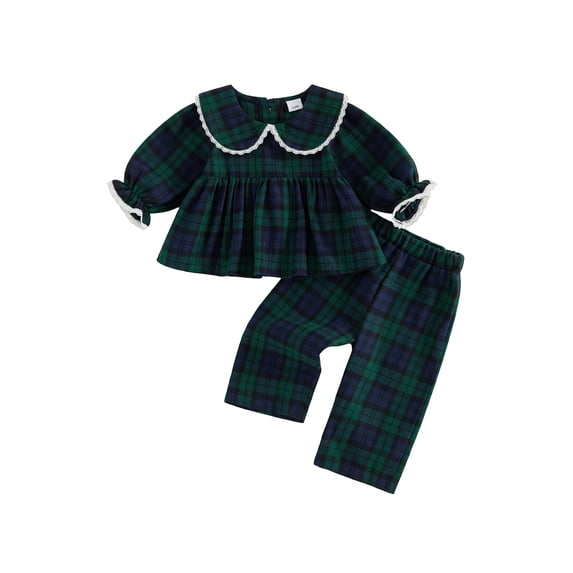RUINIXCW Toddler Baby Girl Christmas Plaid Outfits Infant Baby Girls Fall Winter Clothes Casual Lace Trim Doll Collar Long Sleeve Babydoll Shirt Tops with Long Pants 2 Pcs Set