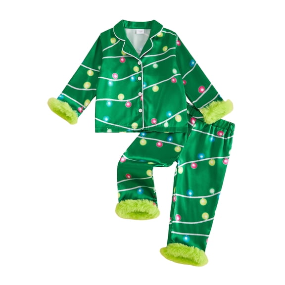 RUINIXCW Toddler Baby Girl Christmas Silk Satin Pajama Set Big Girls PJS Fall Winter Sleepwear Light String Button Down Long Sleeve Shirt Pants Set