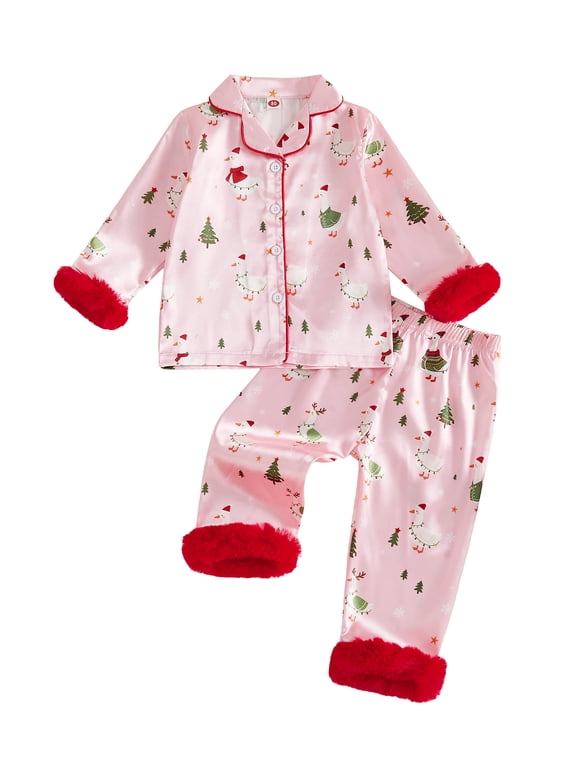Toddler Baby Girl Christmas Silk Satin Pajama Set Kids Girls Xmas PJS Fall Winter Goose Sleepwear Button Down Long Sleeve Shirt Pants Set