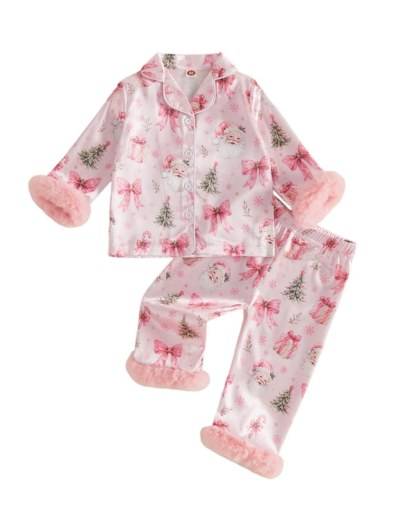 Toddler Baby Girl Christmas Silk Satin Pajama Set Little Girls Xmas PJS Fall Winter Sleepwear Santa Button Down Long Sleeve Shirt Pants Set