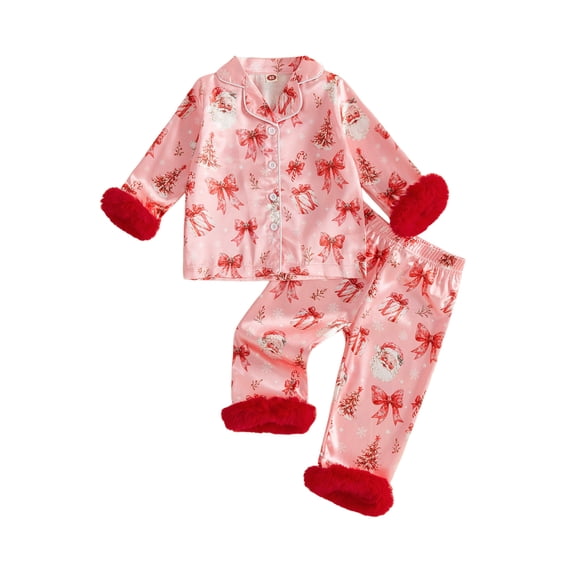RUINIXCW Toddler Baby Girl Christmas Silk Satin Pajama Set Little Girls Xmas PJS Fall Winter Sleepwear Santa Button Down Long Sleeve Shirt Pants Set