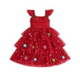 thumbnail image 1 of RUINIXCW Toddler Baby Girl Christmas Tank Dress Outfit Kids Christmas Tree Costume Star Print Fly Sleeve Holiday Party Tulle Tutu Dress with Pom-pom, 1 of 10