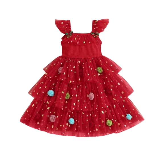 RUINIXCW Toddler Baby Girl Christmas Tank Dress Outfit Kids Christmas Tree Costume Star Print Fly Sleeve Holiday Party Tulle Tutu Dress with Pom-pom