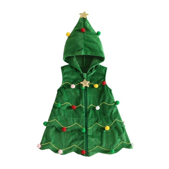 RUINIXCW Toddler Baby Girl Christmas Tree Costume Kids Fall Winter Warm Vest Jacket Little Girl Boy Star Pompom Sleeveless Zipper Hoodie Jacket Coat