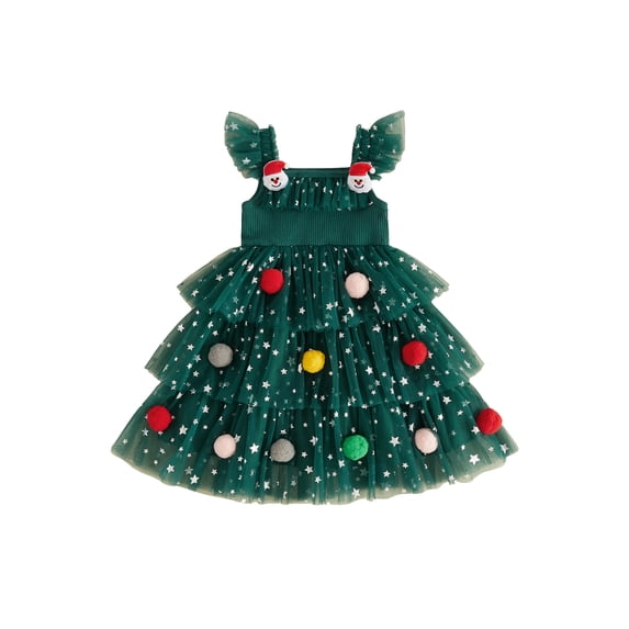 RUINIXCW Toddler Baby Girl Christmas Tree Dress Cake Smash Outfit Kids Little Girl Xmas Holiday Party Dress Ball Fly Sleeve Layered Tulle Tutu Dress