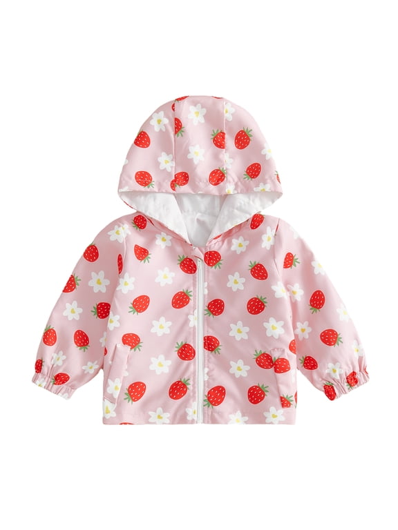 RUINIXCW Toddler Baby Girl Fall Jacket with Pockets Casual Strawberry Bow Floral Print Zip Up Hooded Long Sleeve Coat