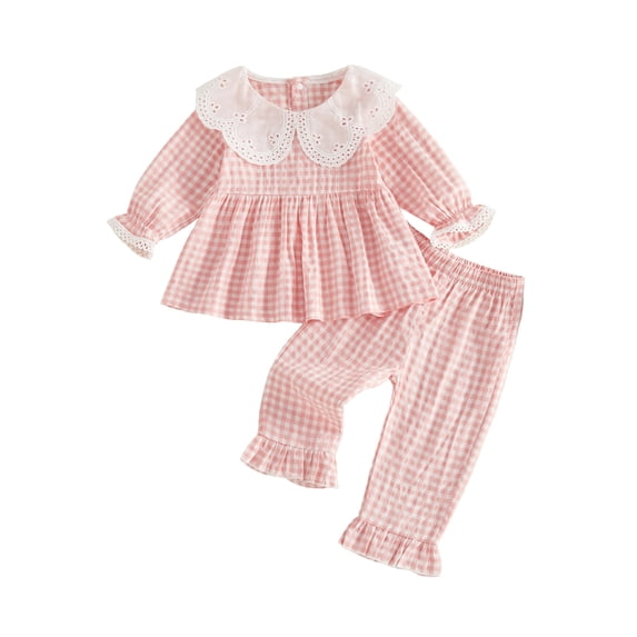 RUINIXCW Toddler Baby Girl Fall Outfits Casual Plaid Doll Collar Long Sleeve Tops with Ruffled Trim Pants 2 Pcs Set