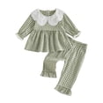 thumbnail image 1 of RUINIXCW Toddler Baby Girl Fall Outfits Casual Plaid Doll Collar Long Sleeve Tops with Ruffled Trim Pants 2 Pcs Set, 1 of 9
