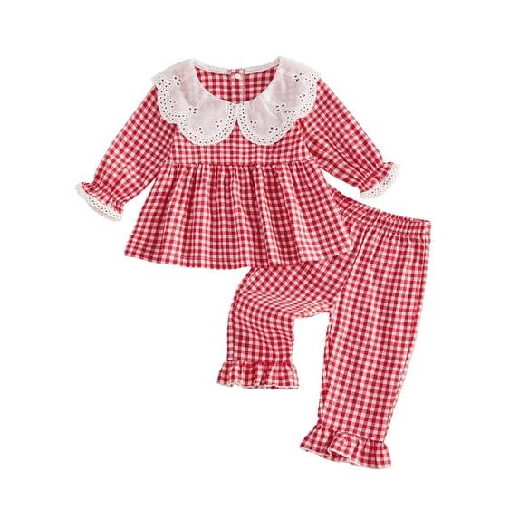 RUINIXCW Toddler Baby Girl Fall Outfits Casual Plaid Doll Collar Long Sleeve Tops with Ruffled Trim Pants 2 Pcs Set