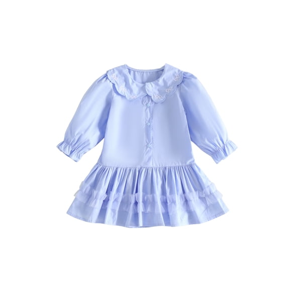 RUINIXCW Toddler Baby Girl Fall Shirt Dress Kids Little Girl Ruffled Dress Bow Embroidery Peter Pan Doll Collar Long Sleeves Button Up Casual Dress