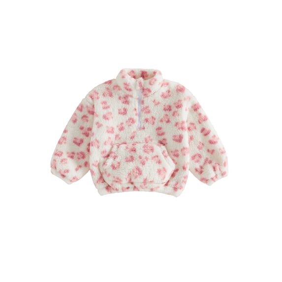 RUINIXCW Toddler Baby Girl Fleece Sweatshirt Infant Girls Fall Winter Warm Clothes Leopard Print Long Sleeve Half Zip Front Pocket Pullovers Tops