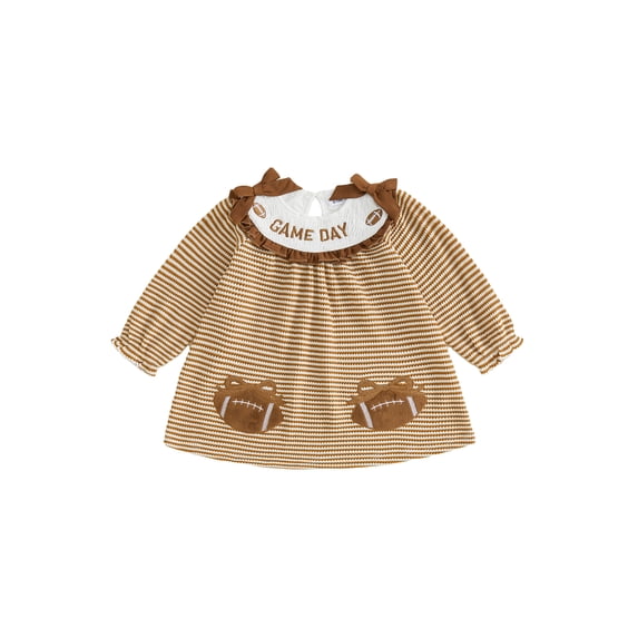 RUINIXCW Toddler Baby Girl Football Dress Little Girls Fall Waffled Dress Funny Rugby Letter Embroidery Bow Ruffled Crew Neck Long Sleeve loose Dress