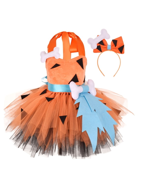 Toddler Baby Girl Halloween Caveman Costume Kids Pebbles Flintstone Costume Stone Age Birthday Outfits Cavegirl Tulle Tutu Dress Headband