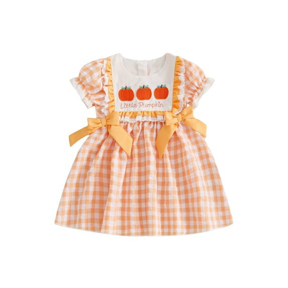RUINIXCW Toddler Baby Girl Halloween Dress Infant Baby Girl Summer Fall Dress Clothes Pumpkin Embroidery Collar Puff Short Sleeve Dress with Bow