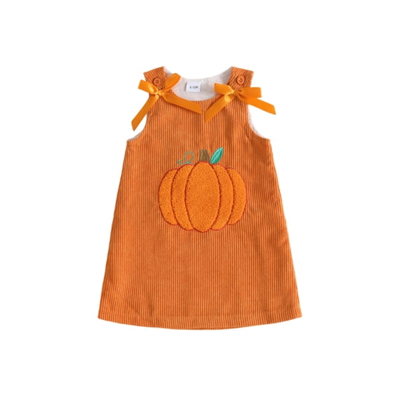 RUINIXCW Toddler Baby Girl Halloween Dress Outfit Infant Baby Girl Fall Winter Corduroy Dress Pumpkin Ghost Embroidery Sleeveless Tank Dress with Bow