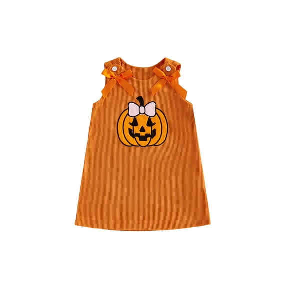 RUINIXCW Toddler Baby Girl Halloween Dress Outfit Infant Baby Girls Fall Clothes Sleeveless Pumpkin Embroidery Corduroy Tank Dress with Bow