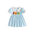 thumbnail image 1 of RUINIXCW Toddler Baby Girl Halloween Dress Outfit Kids Baby Girl Summer Fall Dress Clothes Pumpkin Ghost Letter Embroidery Doll Collar Short Sleeve Striped Dress, 1 of 9