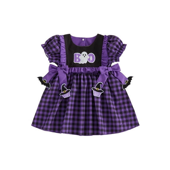RUINIXCW Toddler Baby Girl Halloween Dress Outfit Little Baby Girl Summer Fall Plaid Dress Funny Ghost Pumpkin Bows Casual Short Sleeve A Line Dress