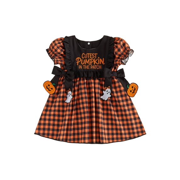 RUINIXCW Toddler Baby Girl Halloween Dress Outfit Little Baby Girl Summer Fall Plaid Dress Funny Ghost Pumpkin Bows Casual Short Sleeve A Line Dress