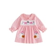 thumbnail image 1 of RUINIXCW Toddler Baby Girl Halloween Dress Outfit Little Baby Girls Fall Smocked Dress Clothes Funny Ghost Pumpkin Spider Embroidery  Doll Collar Long Sleeve Gingham Plaid Dress, 1 of 9
