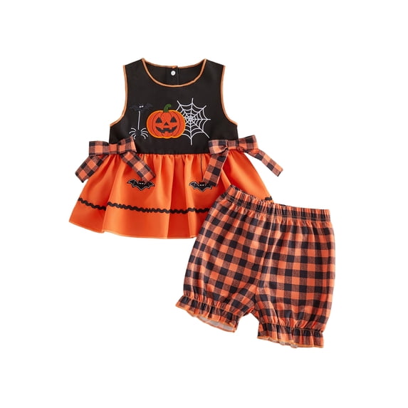 RUINIXCW Toddler Baby Girl Halloween Outfit Embroidered Scallop Trim Sleeveless Babydoll Tops and Plaid Bloomers 2 Piece Set