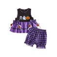 thumbnail image 1 of RUINIXCW Toddler Baby Girl Halloween Outfit Embroidered Scallop Trim Sleeveless Babydoll Tops and Plaid Bloomers 2 Piece Set, 1 of 8