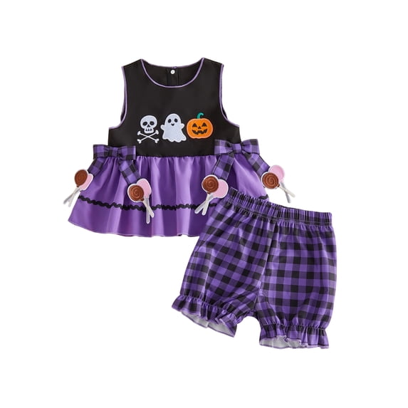 RUINIXCW Toddler Baby Girl Halloween Outfit Embroidered Scallop Trim Sleeveless Babydoll Tops and Plaid Bloomers 2 Piece Set