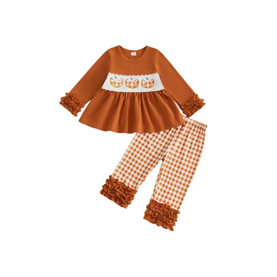 RUINIXCW Toddler Baby Girl Halloween Outfit Fall Clothes Cute Ghost Pumpkin Embroidery Long Sleeve Babydddoll Shirt Top and Ruffle Plaid Pants 2Pcs Set