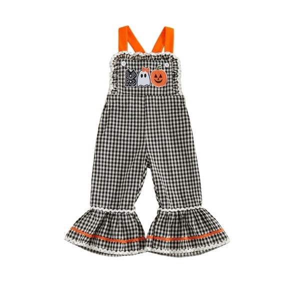 RUINIXCW Toddler Baby Girl Halloween Outfit Gingham Plaid Romper Overalls 6 12 18 24 Months 2 3 4 Years Pumpkin Ghost Embroidery Sleeveless Flared Jumpsuit Suspender Pants