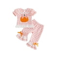 thumbnail image 1 of RUINIXCW Toddler Baby Girl Halloween Outfit Infant Baby Girl Summer Fall Clothes Cute Pumpkin Ghost Embroidery Short Sleeve Plaid Shirt Tops Flared Pants Set, 1 of 9