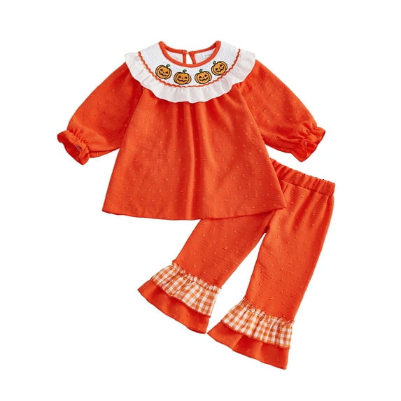 RUINIXCW Toddler Baby Girl Halloween Outfit Infant Baby Girls Fall Clothes Cute Pumpkin Ghost Embroidery Long Sleeve Babydoll Shirt Tops Ruffled Flare Pants Set