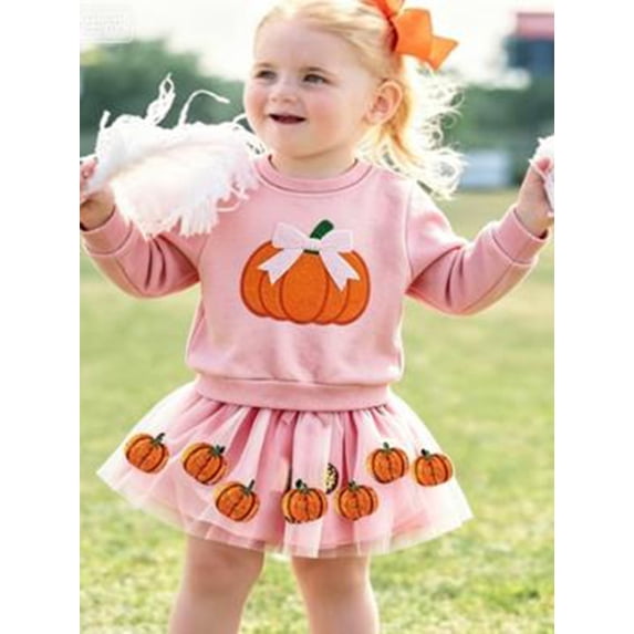 RUINIXCW Toddler Baby Girl Halloween Outfit Infant Baby Girls Fall Winter Clothes Cute Pumpkin Ghost Embroidery Long Sleeve Sweatshirt with Tulle Tutu Skirt 2Pcs Set